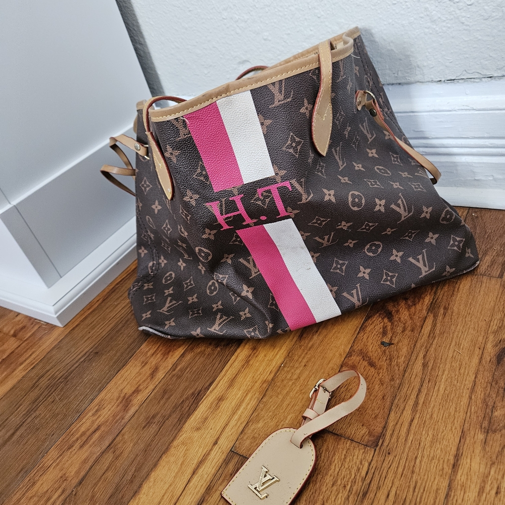 Brown Tote with Pink and White Stripes - Picture 2 of 3